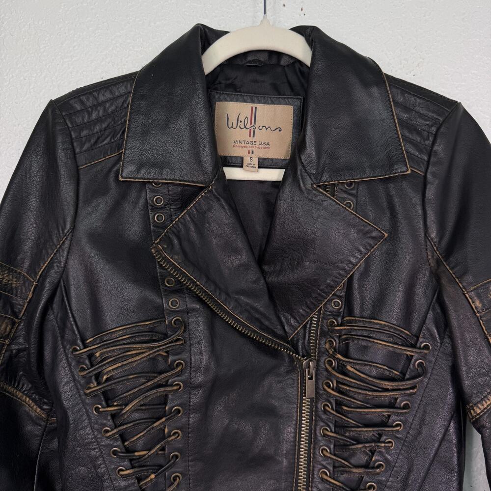 Wilsons Vintage USA Leather Jacket Women Small Lace Up Distressed Biker Moto - Picture 5 of 12